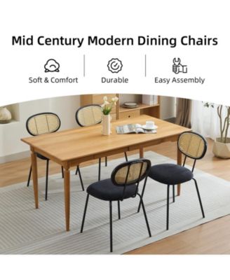 Set of 2 Mid-Century Rattan Dining Chairs with Velvet Upholstered Seat and Sturdy Metal Legs