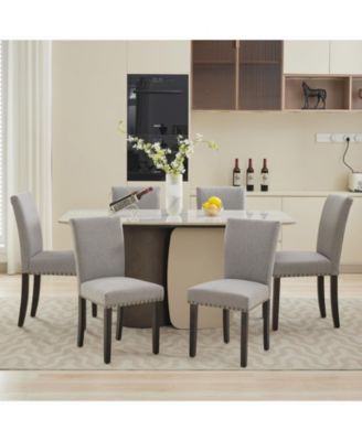 Set of 6 Linen Upholstered Parsons Dining Chairs with Nailhead Trim, Kitchen and Dining Room Seating
