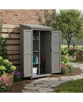 Outdoor Wooden Storage Shed with Metal Top Tall Vertical Tool Cabinet for Backyard Garden