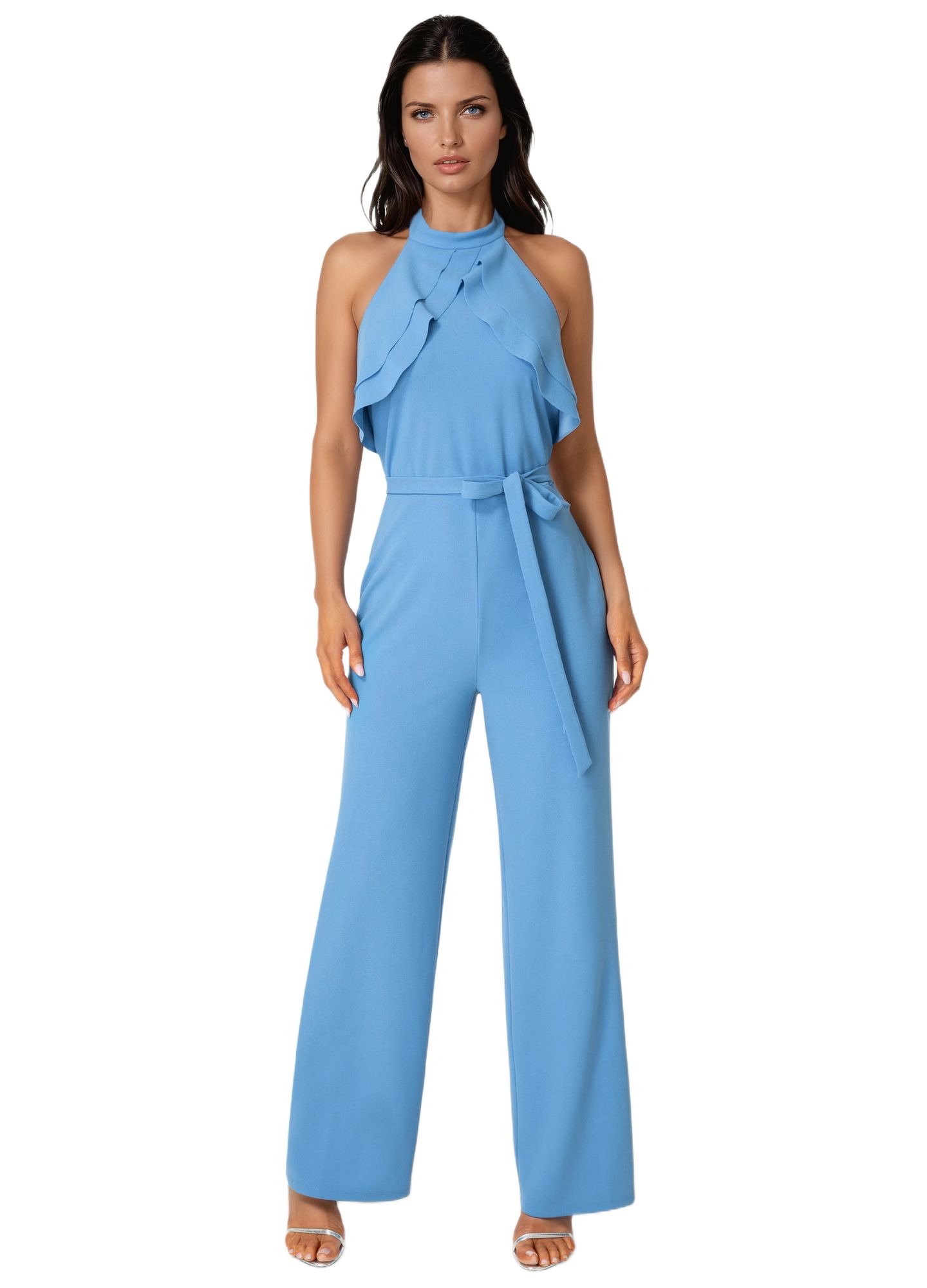 Женский комбинезон Bebe Scuba Crepe Ruffled Halter Jumpsuit, цвет: Синий — фото 1