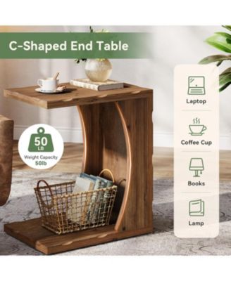 C-Shaped End Table for Living Room Set of 2, Solid Wood Narrow Skinny Side Table, Farmhouse Bedside Nightstand