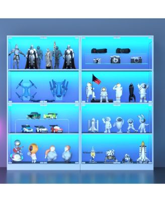 Glass Display Cabinet 4-Tier, Curio Cabinets with Glass Doors, Storage Cabinet with 3 Color Lights, Human Body Sensor & Charging Ports