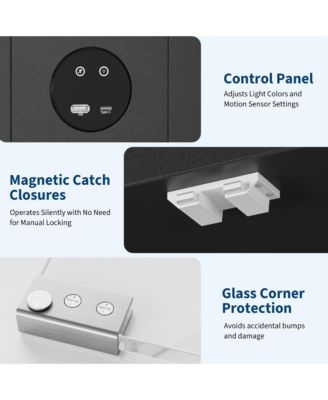 Glass Display Cabinet 4-Tier, Curio Cabinets with Glass Doors, Storage Cabinet with 3 Color Lights, Human Body Sensor & Charging Ports