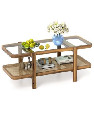 Two Tier Coffee Table with Storage and Glass Top