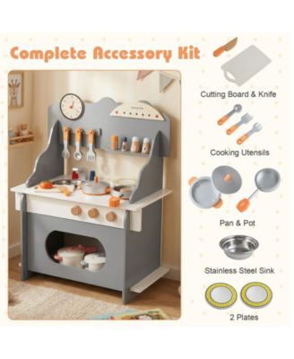 Wooden Play Kitchen Pretend Toy with Clock, Gift Set for Boys & Girls Ages 3