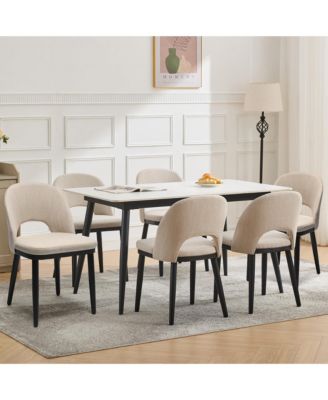 Set of 2 Modern Fabric Upholstered Dining Chairs with Curved Back and Solid Wood Legs