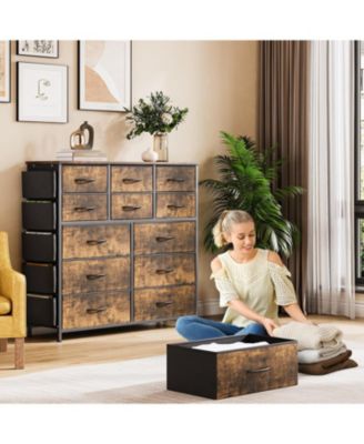 12 Drawer Fabric Dresser with Side Pockets & Hooks Tall Storage Chest with Sturdy Steel Frame, Wooden Top, Easy Pull Handles