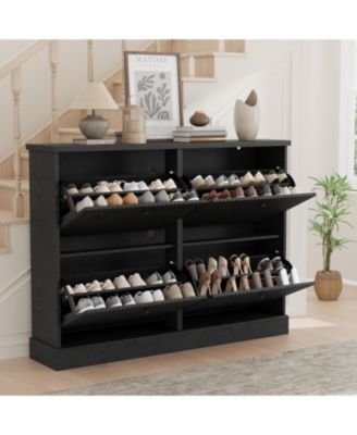 Fluted Shoe Cabinet with 4 Flip Drawers and Adjustable Removable Shelves, Freestanding Slim Shoe Organizer