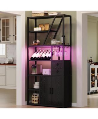 Wine Bar Cabinet with LED Lights and Power Outlets – Tall Coffee Bar Station with Wine Rack, Kitchen Microwave Stand and Bakers Rack – Stylish