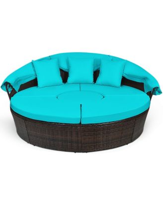 Cushioned Patio Rattan Round Daybed w/ Adjustable Table 3 Pillows