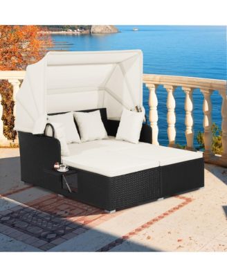 Patio Hand-Woven PE Wicker Daybed Outdoor Loveseat Sofa Set w/  Cushions