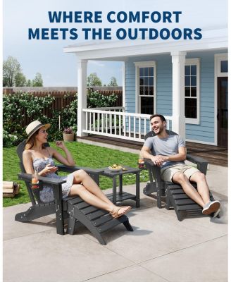 Folding Adirondack Chair Set of 2 with Ottoman, All-Weather HDPE Outdoor Chair, Wooden Textured with Cup Holder for patios, Decks