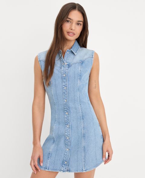 Женское платье Good American Dolly Sleeveless Collared Neck Denim Dress, цвет: Светлый синий