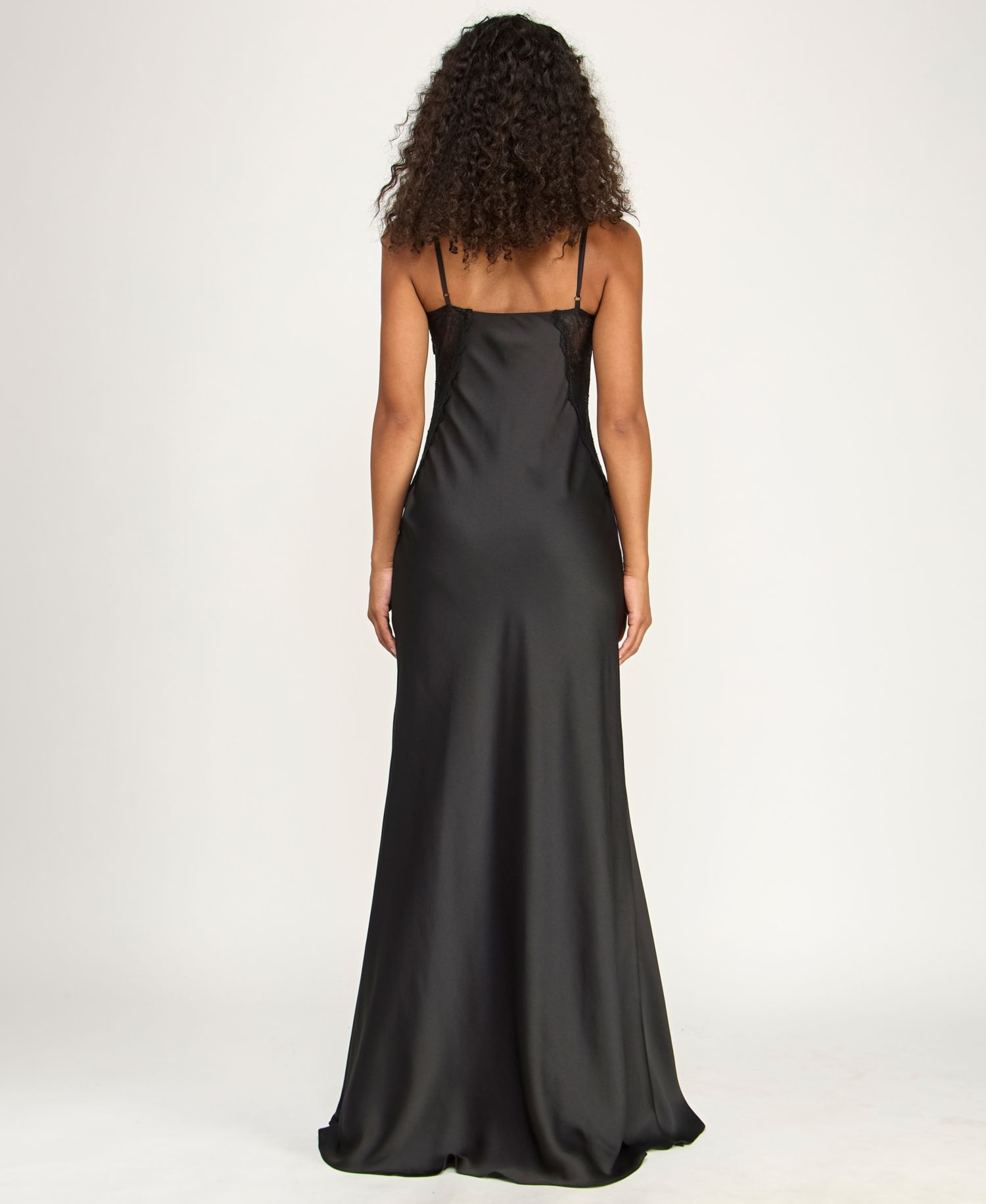 Juniors' V-Neck Satin Gown with Spaghetti Strap and Lace Trim Detail Gown