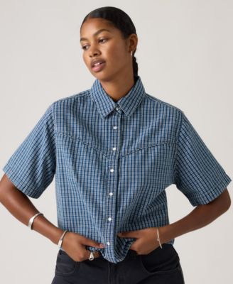 Women's Short-Sleeve Cropped-Fit Denim Shirt