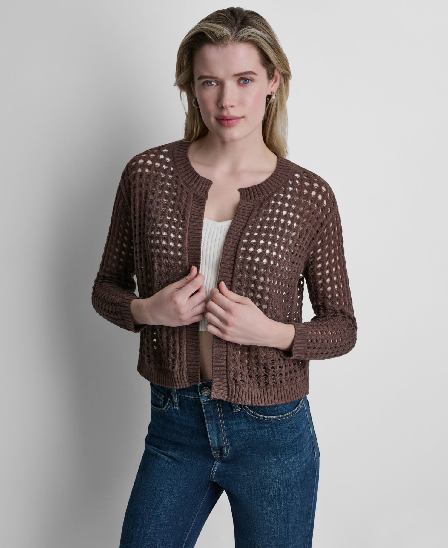 Women's Open-Stitch Drop-Shoulder Cardigan Sweater