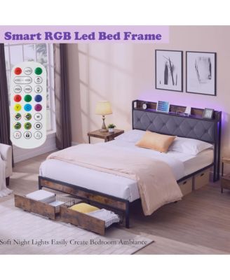 King Size Metal Bed Frame with Storage Drawers, Charging Station, LED Lights and Upholstered Headboard, Sturdy Platform Bed for Bedroom
