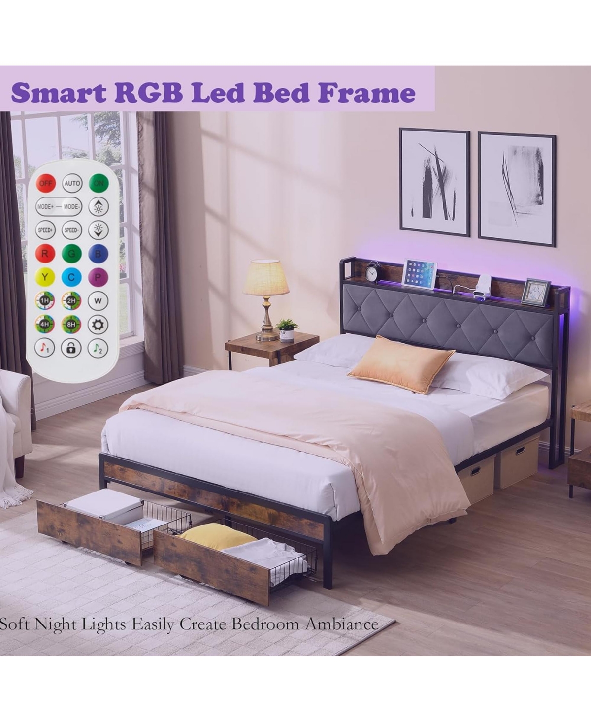 Rainsken King Size Metal Bed Frame with Storage Drawers, Charging Station, Led Lights and Upholstered Headboard, Sturdy Platform Bed for Bedroom