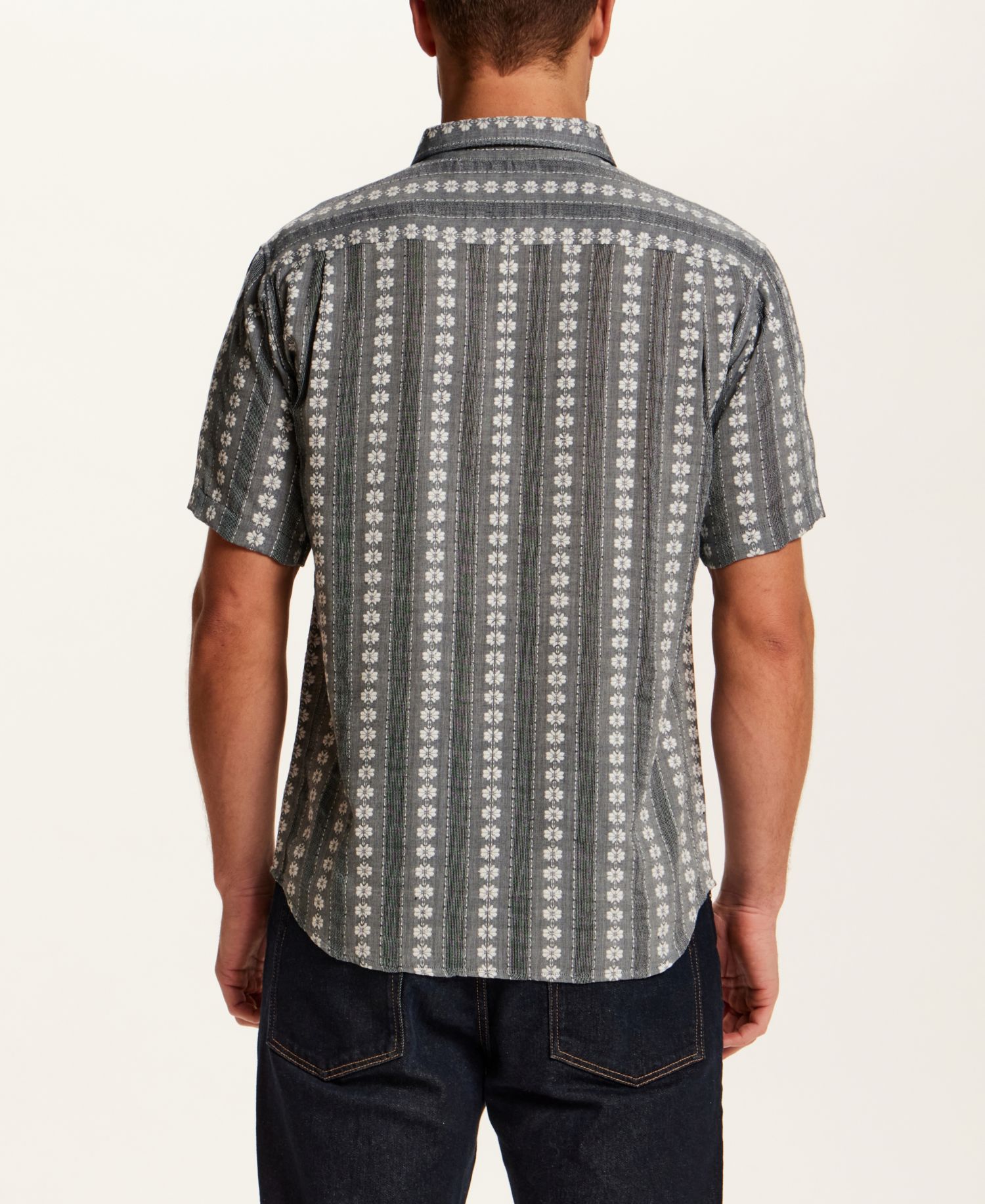 Men's Short-Sleeve Embroidered Flower Striped Shirt