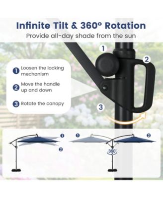 10 ft Solar Offset Hanging Umbrella with Base and LED Lights