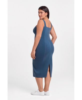 Women's S3 Denim Square Neck Sculpting Tank Midi Dress with Built-In Shapewear