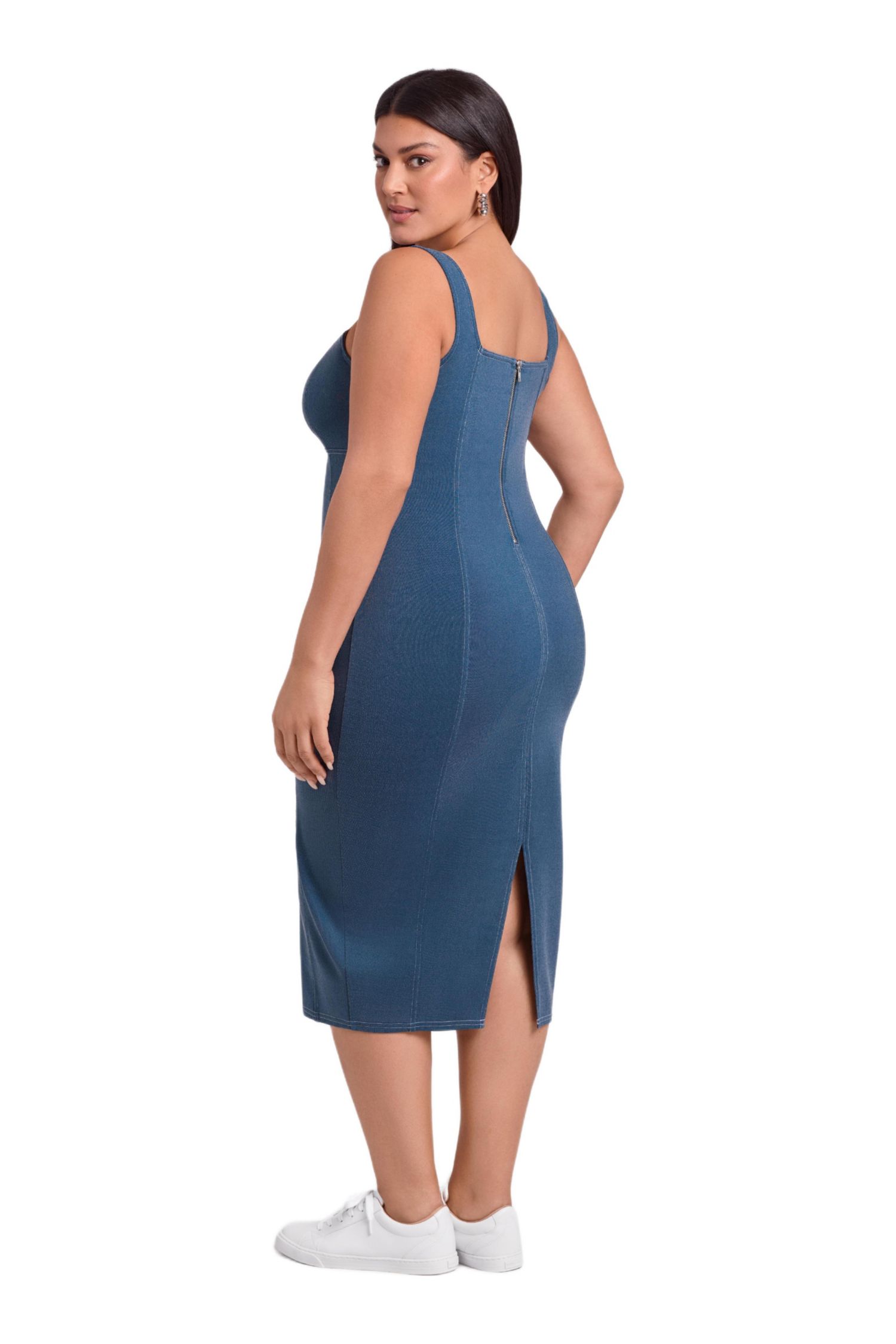 Women's Denim Square Neck Sculpting Tank Midi Dress