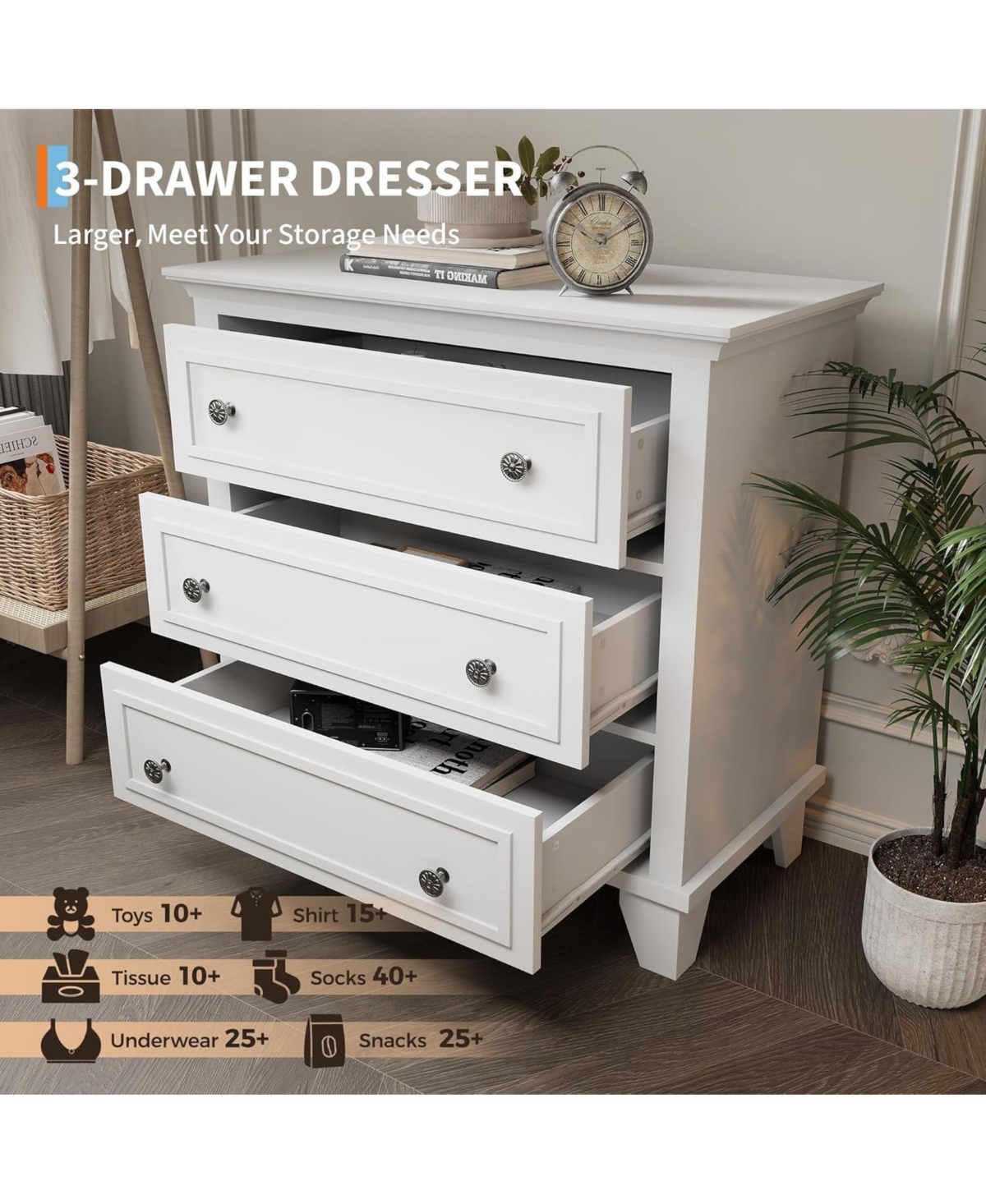 gaomon 3 Drawer Dresser, Wooden Storage Chest of Drawers with Exquisite Metal Handles, Small Storage Cabinet, Modern Design