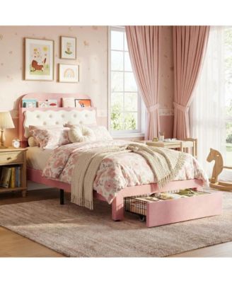 Twin Bed Frames, Velvet Upholstered Platform Bed with Biscuit Tufted Storage Headboard, Drawer, Sturdy Wood Slats, No Box Spring Needed, Easy