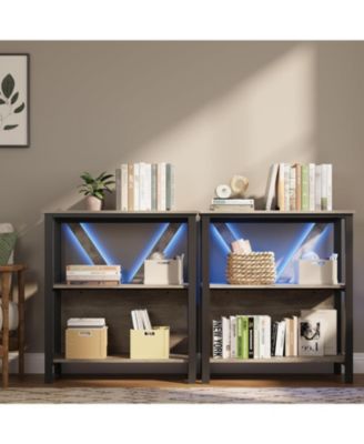 3-Tier Bookshelf with LED Lights, Industrial Metal Bookcase, Open Shelf Organizer for Living Room, Bedroom, Office
