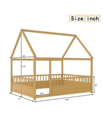 Wooden Floor Bed With House Roof Frame And Fence Guardrails Natural For Kids