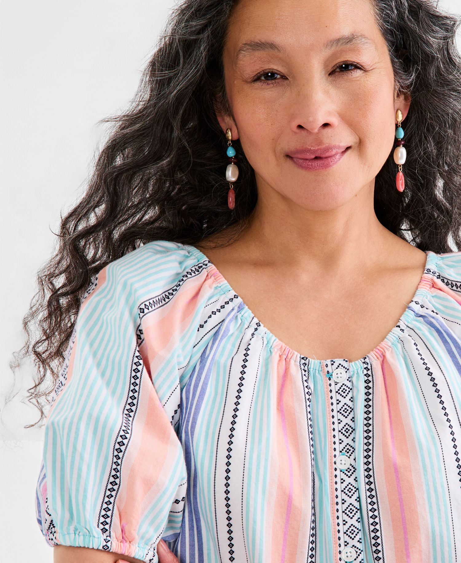 Women's Cotton Button-Front Puff-Sleeve Top