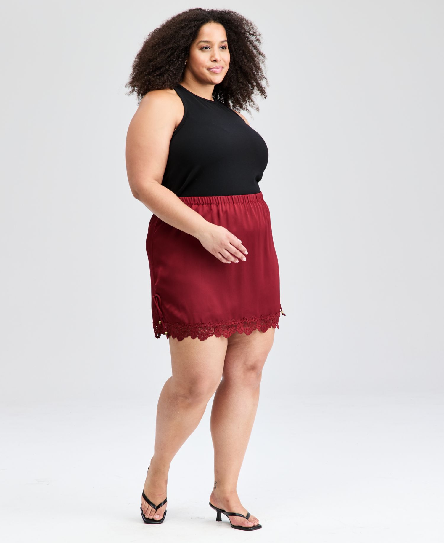 Trendy Plus Size Satin Lace-Trim Mini Skirt