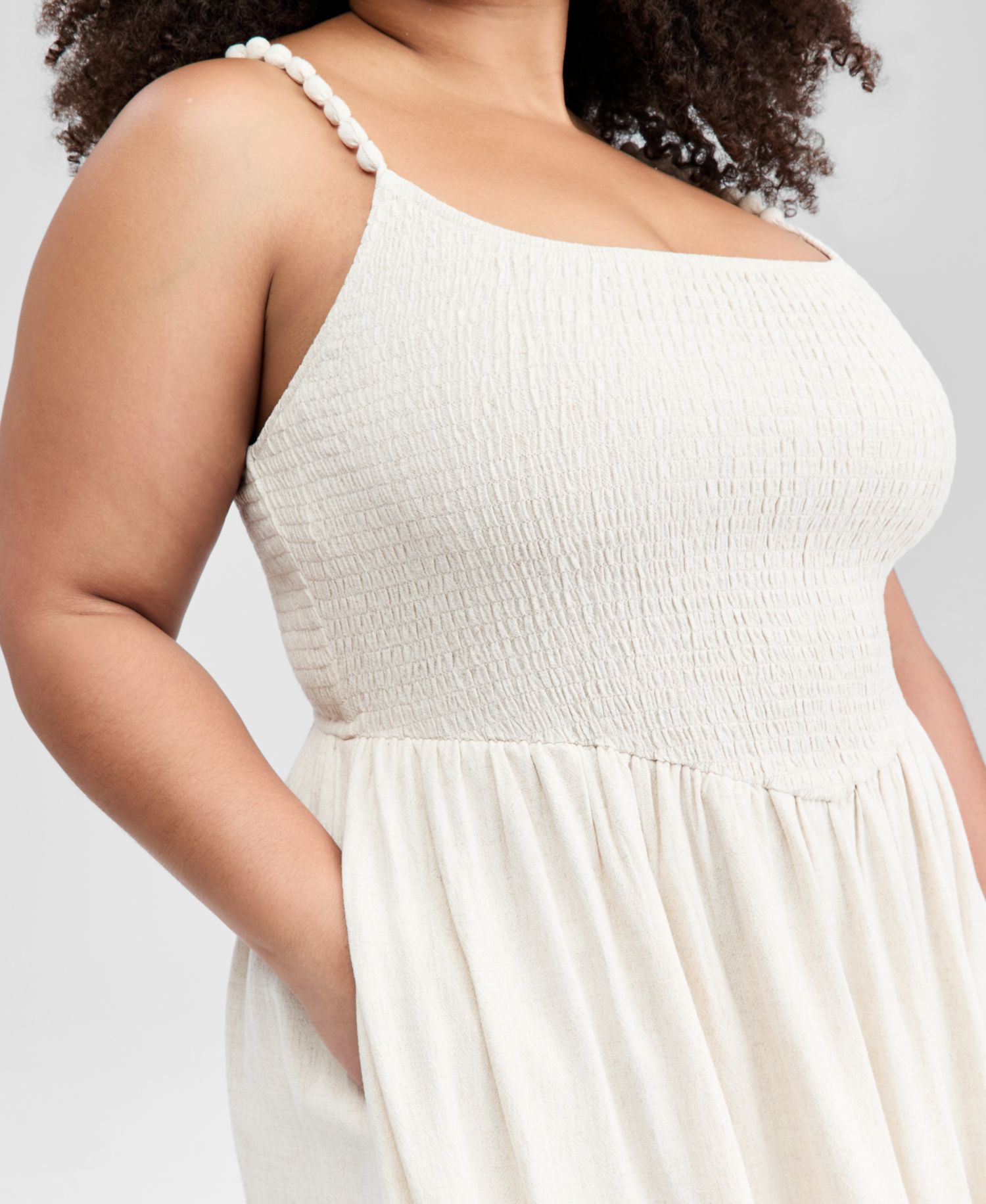 Petite Linen-Blend Beaded Strap Smocked Midi Dress