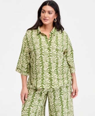 Plus Size Printed 3/4-Sleeve Button-Front Shirt