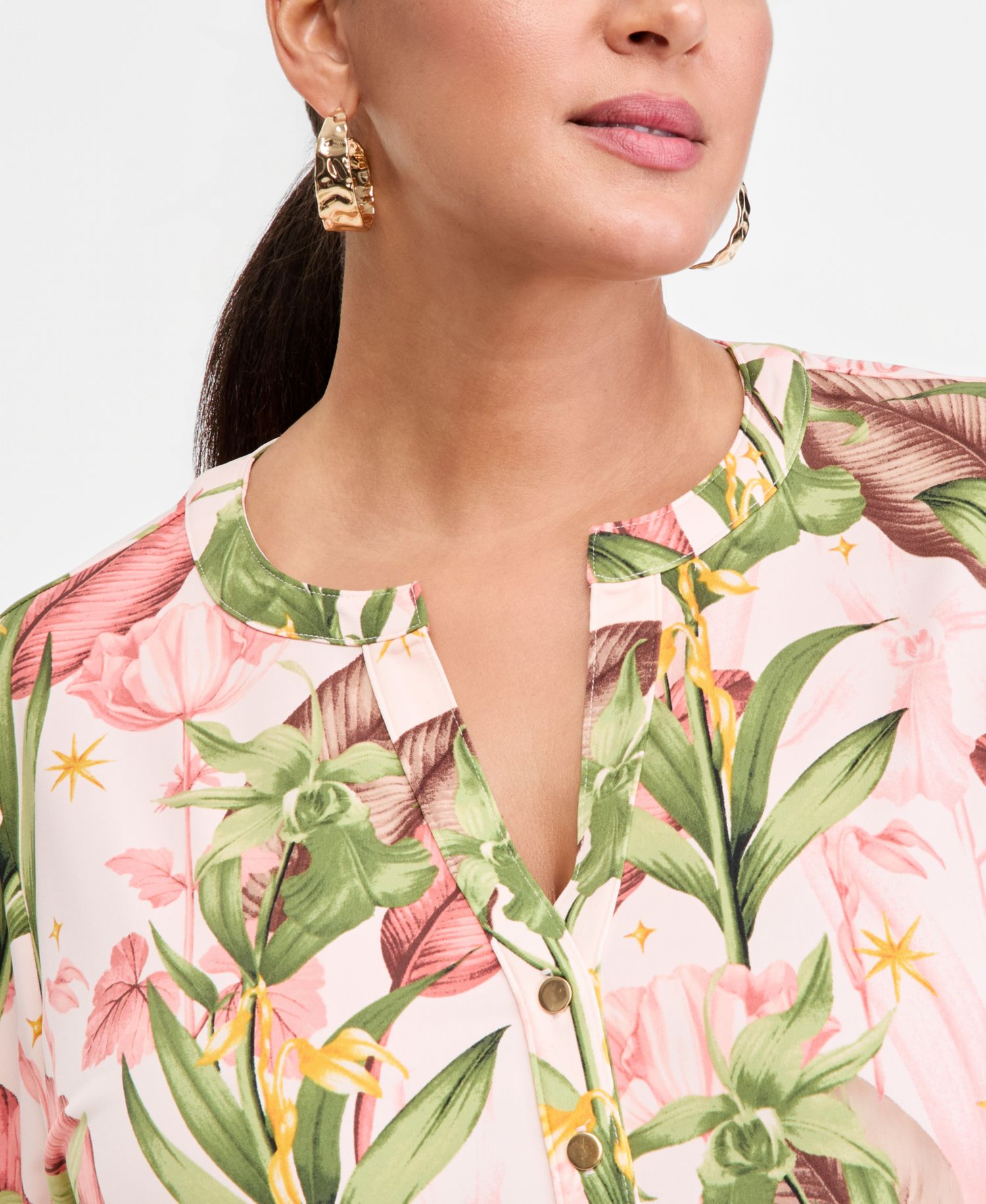 Plus Size Printed Split-Neck Long-Sleeve Top