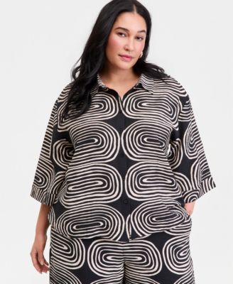 Plus Size Printed 3/4-Sleeve Button-Front Shirt