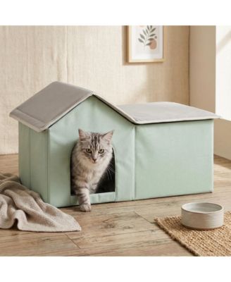 Zeus and Ruta Foldable Heated Cat House with Warmer Pad Large Kitty Shelter Green