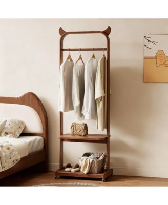 Portable Wood Clothing Rack with Hooks and Shelves