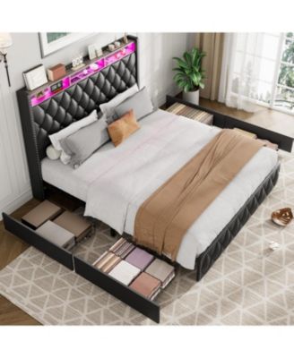 Queen Upholstered Platform Bed Frame with 4 Drawers, Nailhead Headboard, Charging Station, LED Lights, No Box Spring