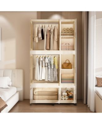 Portable Wardrobe Closet with 9 Magnetic Doors, 2 Hanging Rods & 6 Hangers