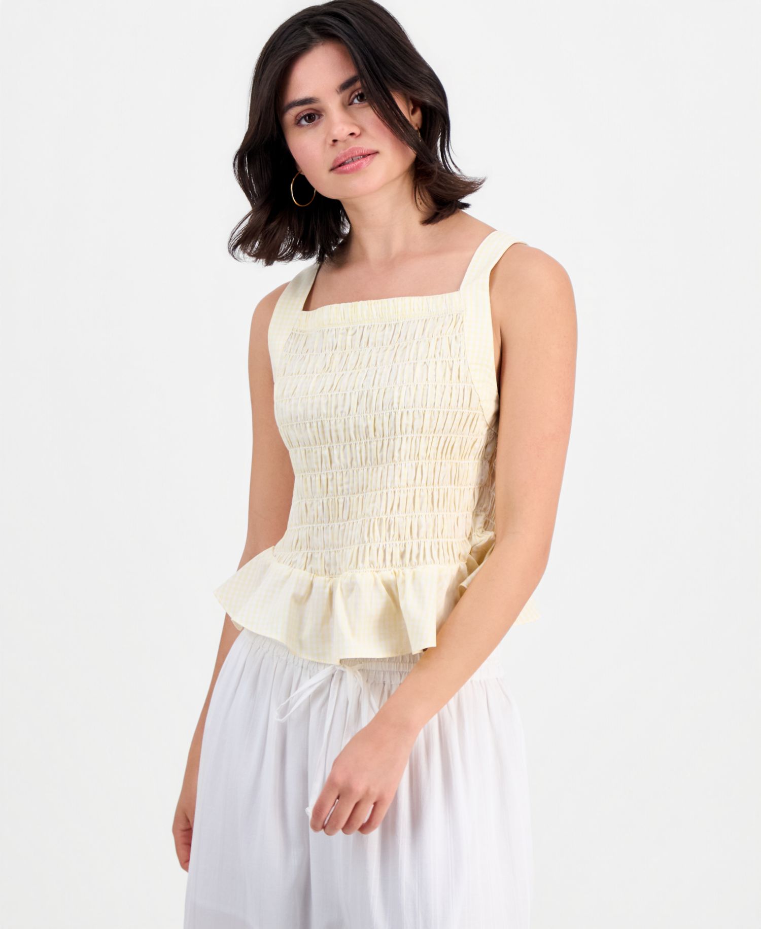 Petite Cotton Gingham Smocked Peplum Top