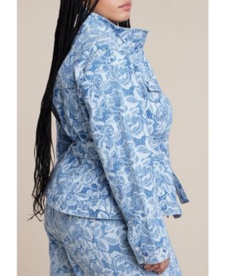 Women's Plus Size Lace Printed Denim Belted Jacket