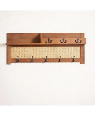 Pine & Rattan Wall Organizer - Decorative Storage for Coats & Keys