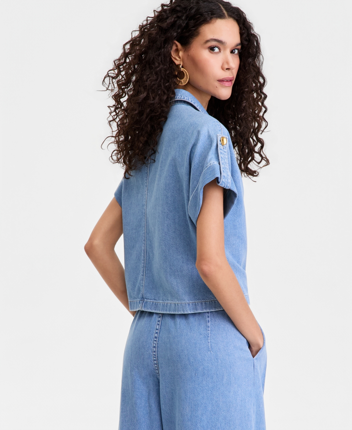 I.n.c. International Concepts Women's Short Sleeve Lightweight Denim Top, Macy's Exclusive