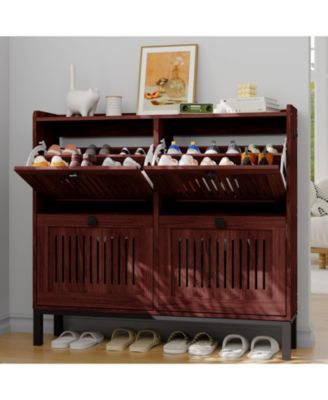 Shoe Storage Cabinet with 4 Flip Drawer, Shoes Organizer with Hollow Out Panel and Square Handles, Anti-Tipping Shoe Rack