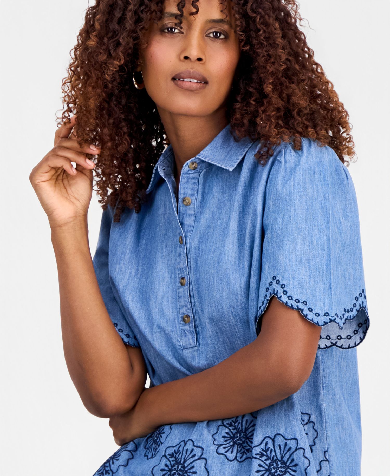 Women's Cotton Chambray Embroidered-Trim Shirt