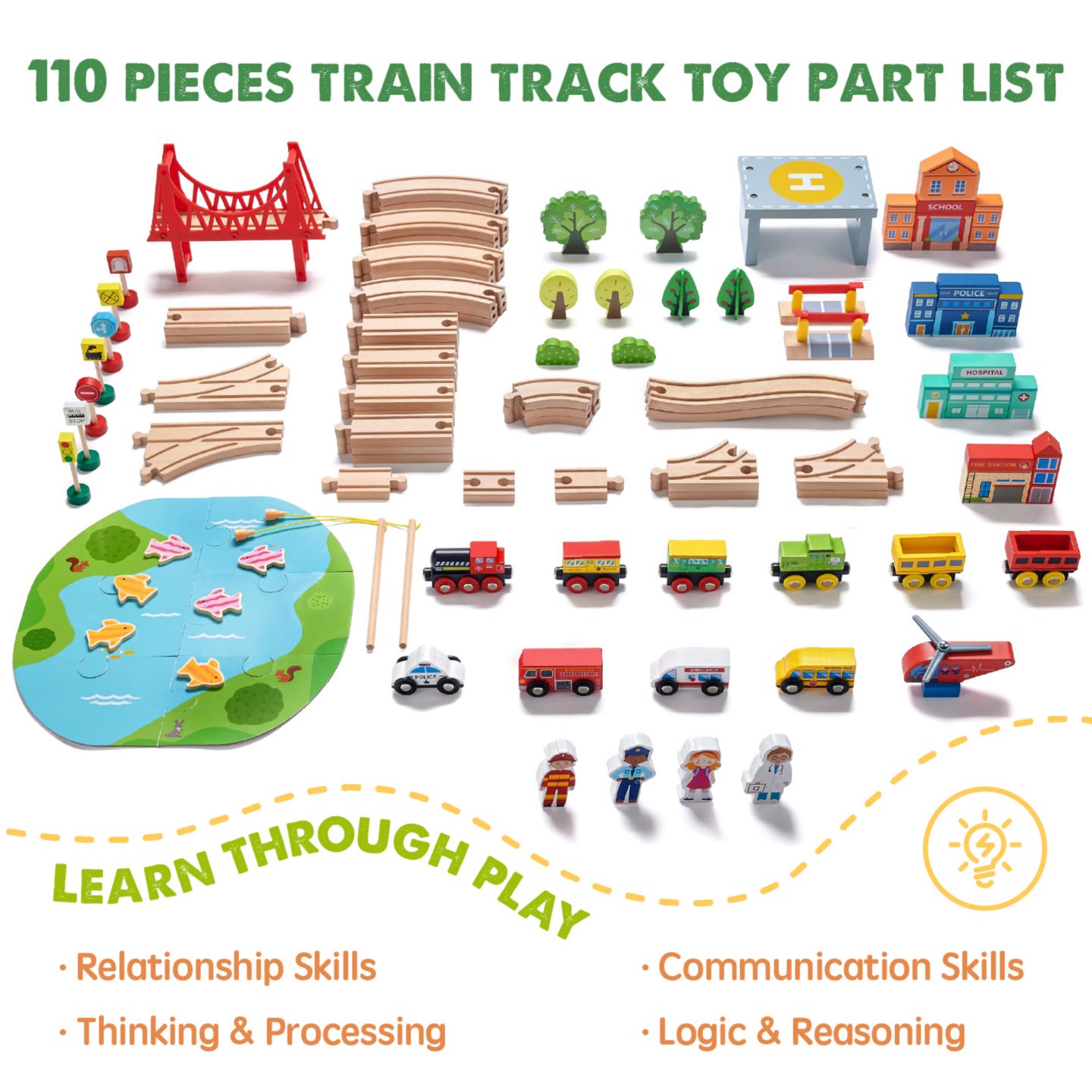 Детские игрушки Tiny Land 110-Piece Beech Wood Wooden Train Set — фото 8