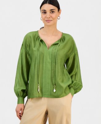 Petite Long-Sleeve Tie Neck Blouse