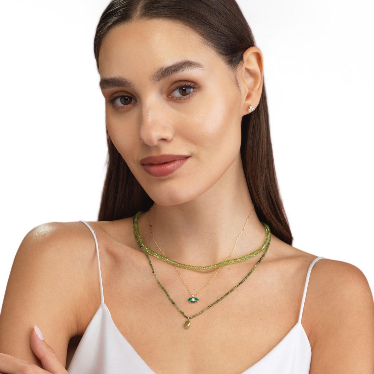 Green Tourmaline Bead Bezel Necklace 14K Yellow Gold