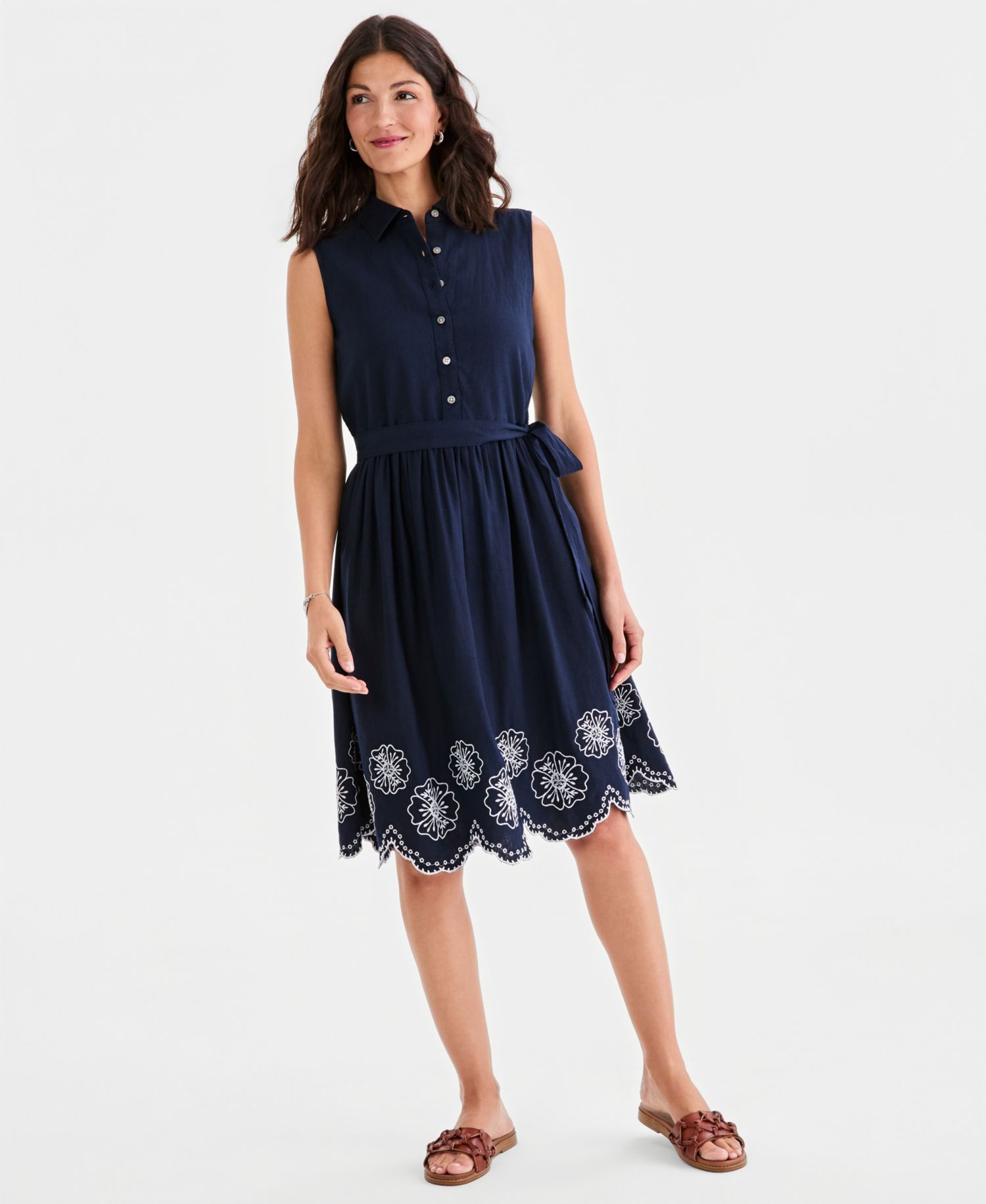 Women's Sleeveless Embroidered-Hem Shirtdress